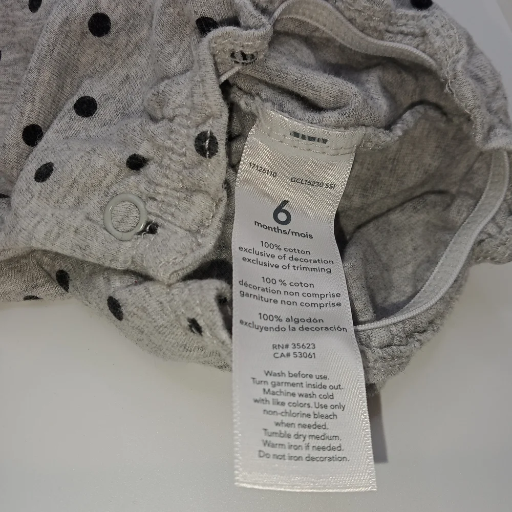 Carter's Girls Gray With Black Polka Dots Ruffle Detail Baby Romper 6 months!